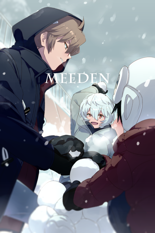 3boys :d arm_up bangs black_hair blurry blush breath brown_hair child coat depth_of_field echo_(circa) grey_jacket grey_sky helmet holding_snowball hood hood_down hood_up hooded_jacket hyuse jacket kuga_yuuma long_sleeves looking_at_another male_child male_focus mittens multiple_boys outdoors outstretched_arms playing profile railing red_jacket rindou_youtarou scarf short_hair smile snow snowball snowball_fight snowing throwing uneven_eyes white_hair white_headwear winter_clothes world_trigger