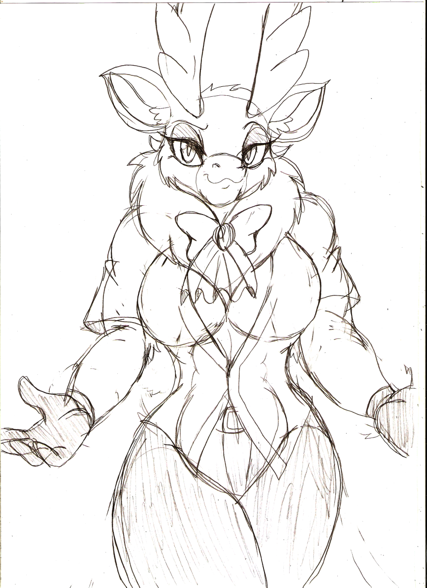 2020 anthro anthrofied antlers belt biped breasts capreoline cleavage clothed clothing deer droll3 female gloves handwear horn looking_at_viewer mammal reindeer revealing_clothes ribbons simple_background sketch skimpy smile solo them's_fightin'_herds traditional_media_(artwork) velvet_reindeer_(tfh) white_background