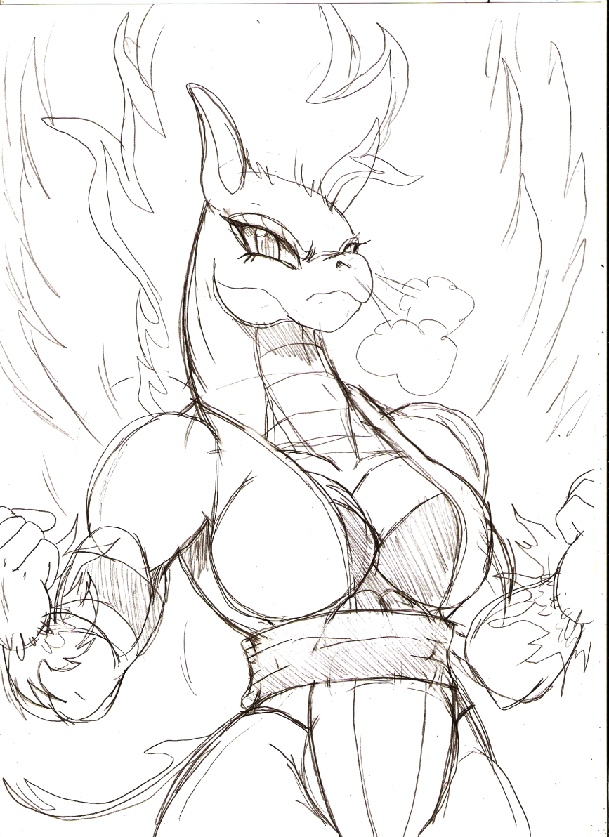 2020 abs angry anthro asian_mythology biceps breasts chinese_mythology cleavage clothed clothing dragon droll3 east_asian_mythology female fire flaming_hair flaming_mane flaming_tail flaming_wings longma muscular muscular_anthro muscular_female mythology non-mammal_breasts pseudo_hair pseudo_mane reptile scalie sketch smoke_from_nose solo them's_fightin'_herds tianhuo_(tfh) traditional_media_(artwork) wings