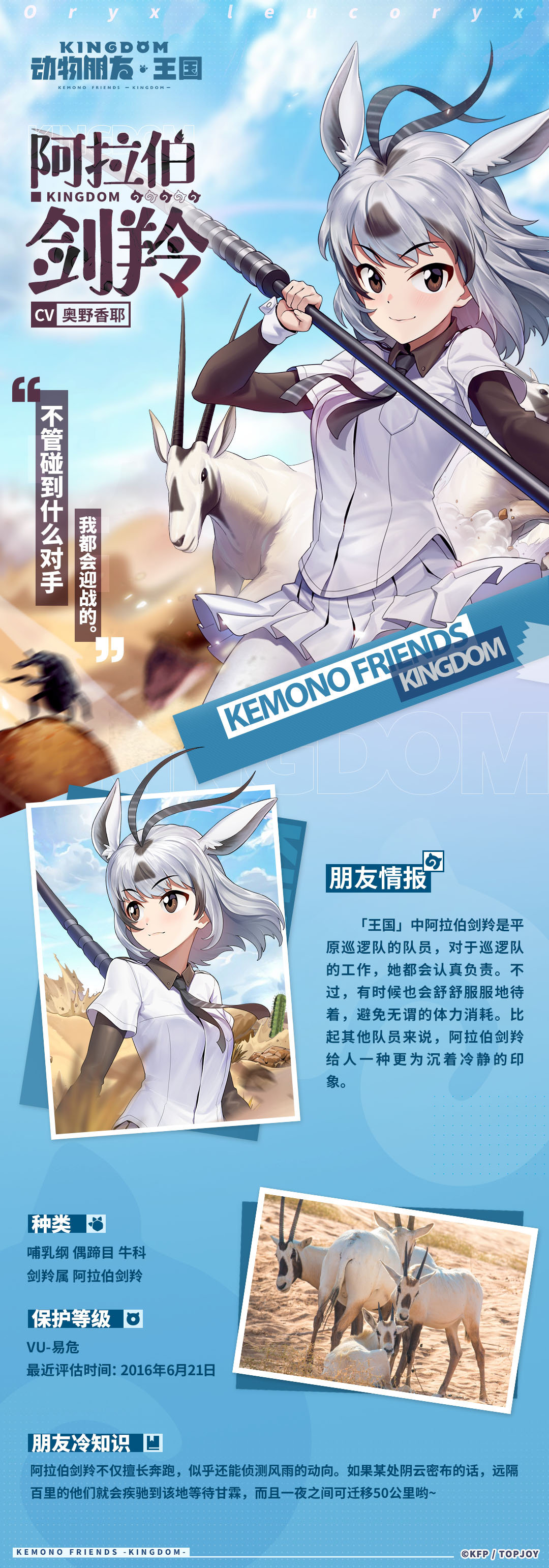 1girl absurdres animal animal_ears arabian_oryx_(kemono_friends) black_eyes black_necktie blue_sky character_profile chinese_text closed_mouth extra_ears grey_hair highres holding holding_polearm holding_weapon kemono_friends kemono_friends_kingdom lance looking_at_viewer necktie official_art pantyhose polearm shirt short_hair skirt sky weapon white_shirt white_skirt