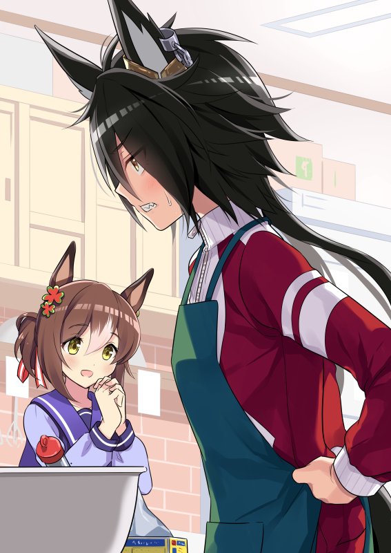 2girls :d air_shakur_(umamusume) apron bangs black_hair blush brick_wall brown_eyes brown_hair clenched_teeth eyes_visible_through_hair fine_motion_(umamusume) green_apron hair_between_eyes hands_up indoors jacket long_hair long_sleeves mixing_bowl multicolored_hair multiple_girls odawara_hakone own_hands_together profile puffy_long_sleeves puffy_sleeves purple_shirt red_jacket school_uniform sharp_teeth shirt smile streaked_hair teeth tracen_school_uniform track_jacket umamusume very_long_hair yellow_eyes