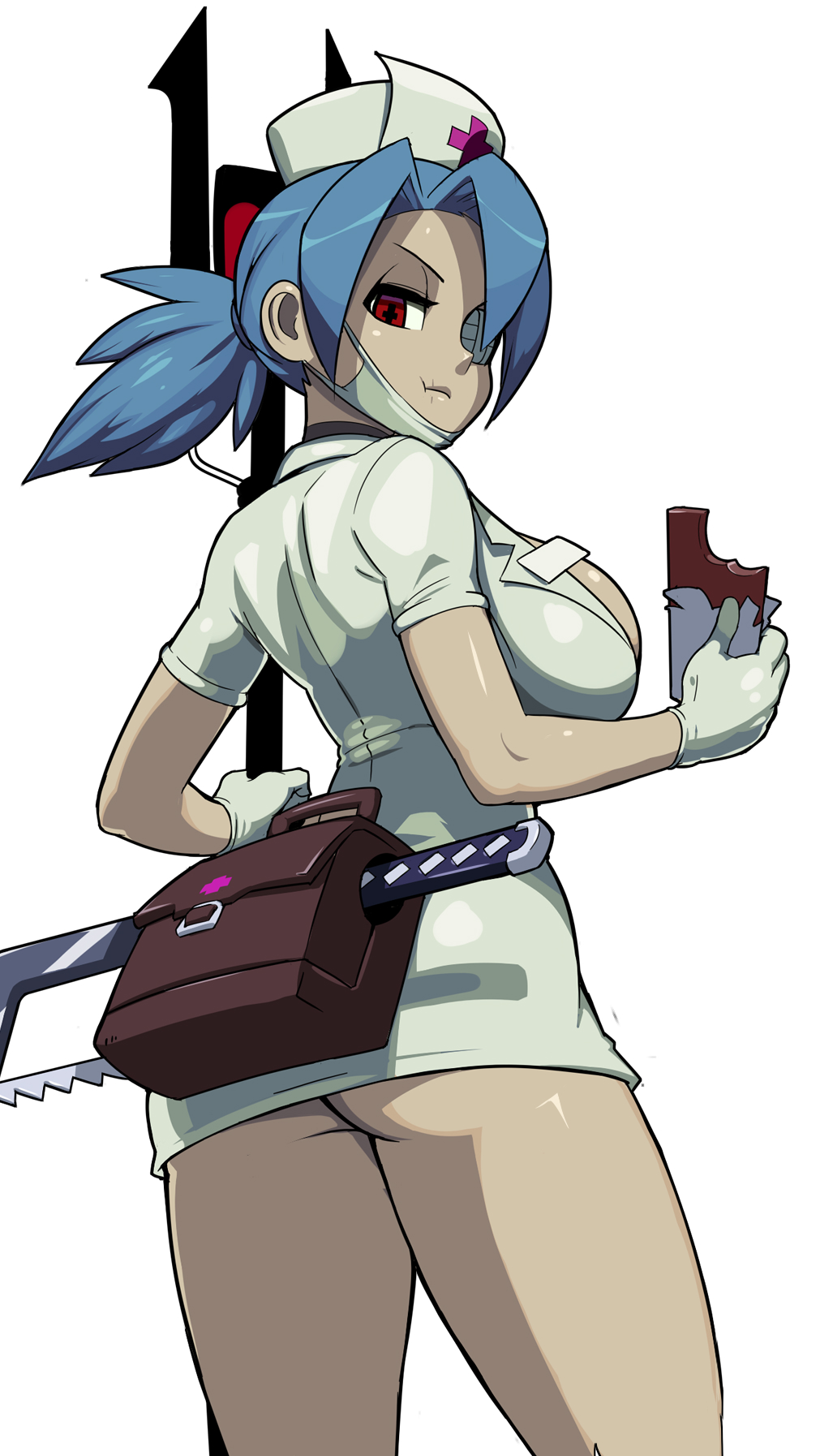 1girl :t ass bag bangs blue_hair bonesaw breasts candy chocolate chocolate_bar commentary_request dress eating food from_behind from_below hat highres holding holding_food large_breasts looking_at_viewer looking_back looking_down mask mask_pull mouth_mask nisetanaka nurse nurse_cap parted_bangs ponytail red_eyes short_dress simple_background skullgirls solo surgical_mask valentine_(skullgirls) white_background white_dress white_headwear