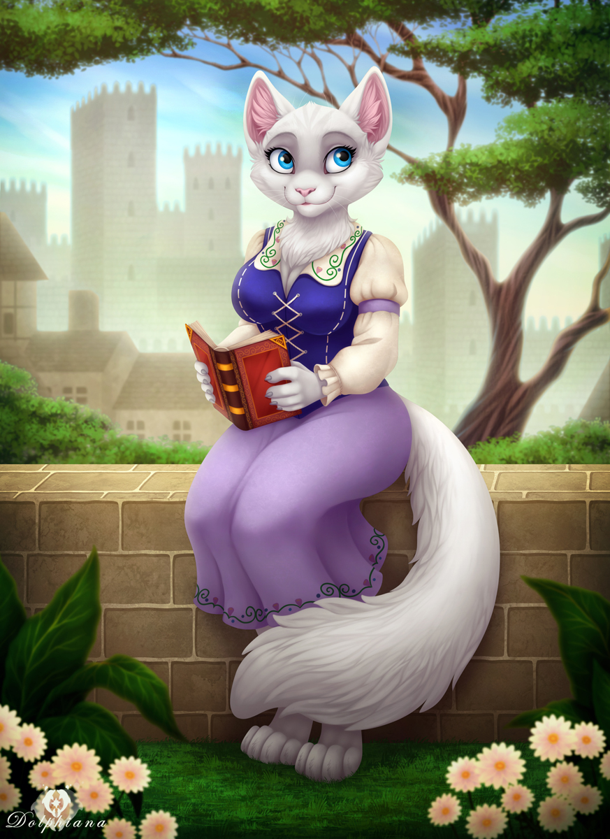 anthro blue_eyes book building castle clothed clothing cloud dolphydolphiana domestic_cat dreamworks dress dulcinea_(puss_in_boots) felid feline felis female flower fluffy fluffy_tail grass hi_res holding_book holding_object house leaf looking_away mammal pink_nose plant sitting_on_wall sky smile solo tail the_adventures_of_puss_in_boots tree