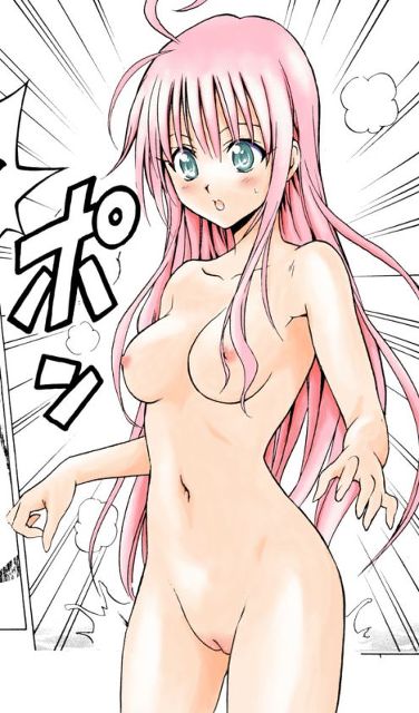 1girl blush breasts green_eyes lala_satalin_deviluke long_hair nipples nude nude_filter photoshop pink_hair pussy solo to_love-ru toloveru uncensored