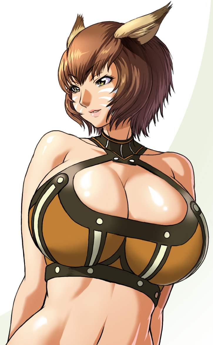animal_ears breasts brown_hair cleavage final_fantasy final_fantasy_xi green_eyes huge_breasts kurohardt mithra parted_lips short_hair solo
