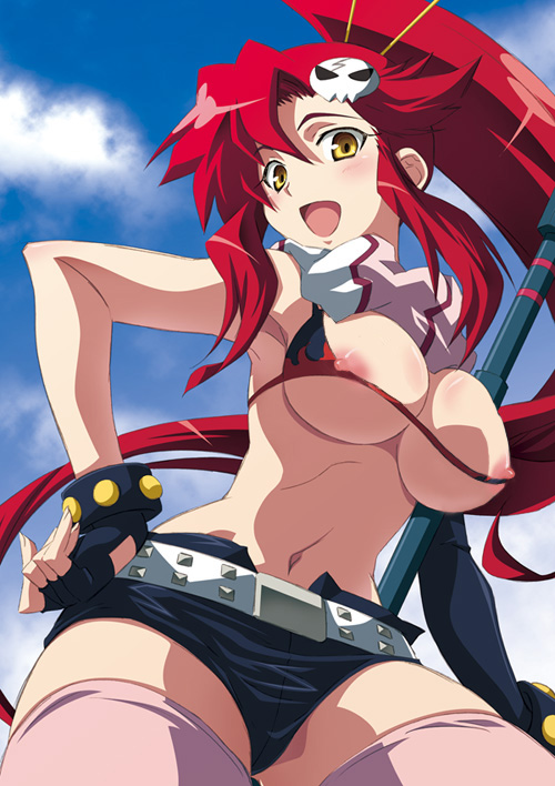 1girl areola areolae belly bellybutton blush breasts cloud erect_nipples female fingerless_gloves gloves hand_on_hip hips hotpants large_breasts long_hair midriff navel nipple_slip nipples open_eyes open_mouth outdoors photoshop ponytail pose red_hair scarf short_shorts shorts sky solo stomach tengen_toppa_gurren-lagann tengen_toppa_gurren_lagann thighhighs yellow_eyes yoko_littner yoko_ritona