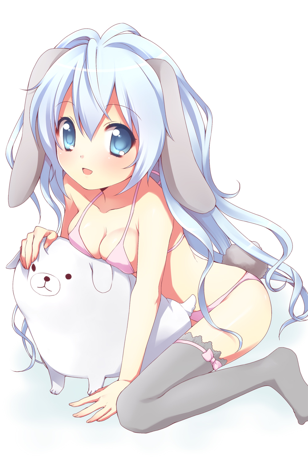 :o animal_ears arm_support blue_eyes blue_hair bra breasts bunny_ears bunny_tail cleavage highres lingerie long_hair looking_at_viewer medium_breasts original panties sitting solo stuffed_animal stuffed_toy tail thighhighs underwear underwear_only usashiro_mani very_long_hair wariza
