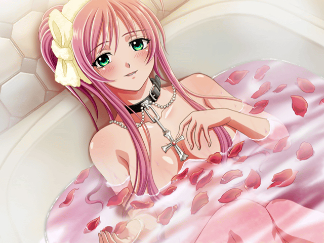 1girl akashiya_moka artist_request bath blush breasts female green_eyes indoors long_hair nude pink_hair rosario+vampire solo