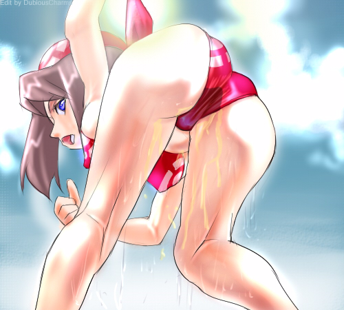 ass bent_over dubiouscharms haruka_(pokemon) leaning_forward nintendo omorashi otsukare peeing pink_swimsuit pokemon wetting