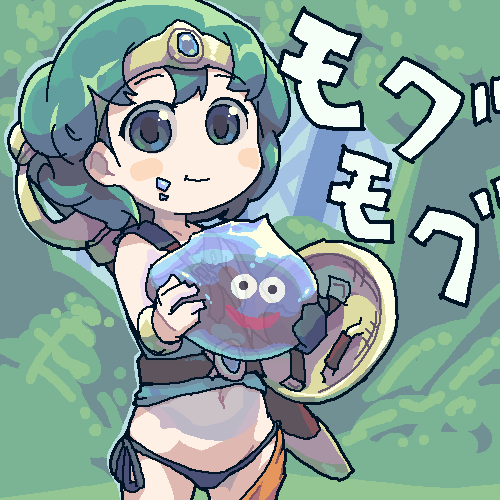 artist_request chibi dragon_quest dragon_quest_iv eating food food_on_face heroine_(dq4) holding lowres oekaki shield slime slime_(dragon_quest) solo sword weapon