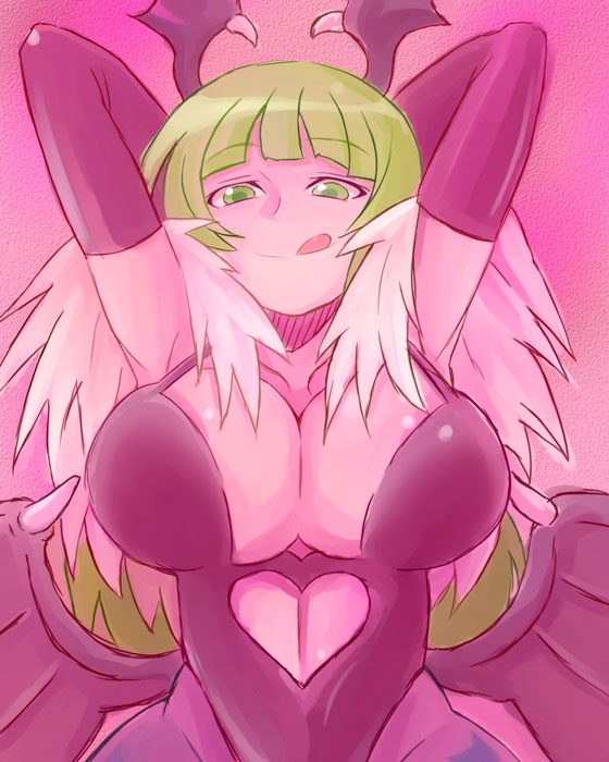 :q armpits bat_wings breasts cleavage curvy demon_girl elbow_gloves feathers gloves green_eyes green_hair head_wings large_breasts long_hair morrigan_aensland pantyhose simple_background solo soratobu_zippo succubus tongue tongue_out vampire_(game) wide_hips wings