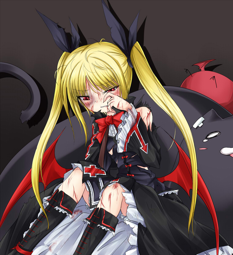 bandages blazblue bow dress frills gii hair_ribbon long_hair nago rachel_alucard red_bow red_eyes ribbon shimo_(depthbomb) solo tears torn_clothes twintails