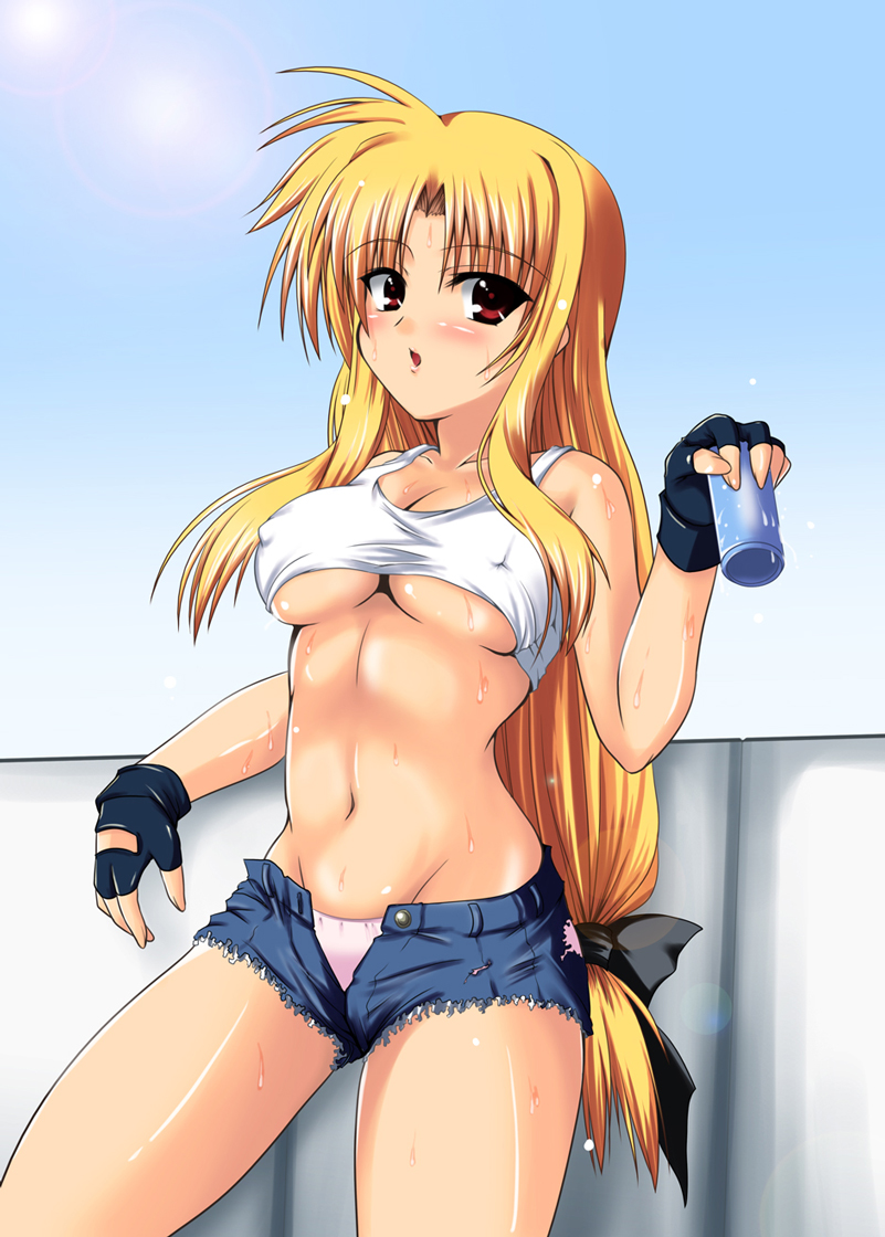 against_wall blonde_hair breasts cleavage covered_nipples denim denim_shorts drink fate_testarossa fingerless_gloves gloves hair_ribbon johnny_(from_scratch) large_breasts long_hair low-tied_long_hair lyrical_nanoha mahou_shoujo_lyrical_nanoha_strikers midriff open_fly open_mouth panties ponytail red_eyes ribbon shorts solo sweat tank_top torn_clothes underboob underwear unzipped very_long_hair