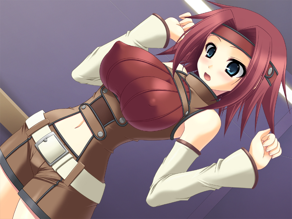 1girl abu arms_up belt blue_eyes blush breasts code_geass detached_sleeves erect_nipples female headband kallen_stadtfeld large_breasts red_hair solo