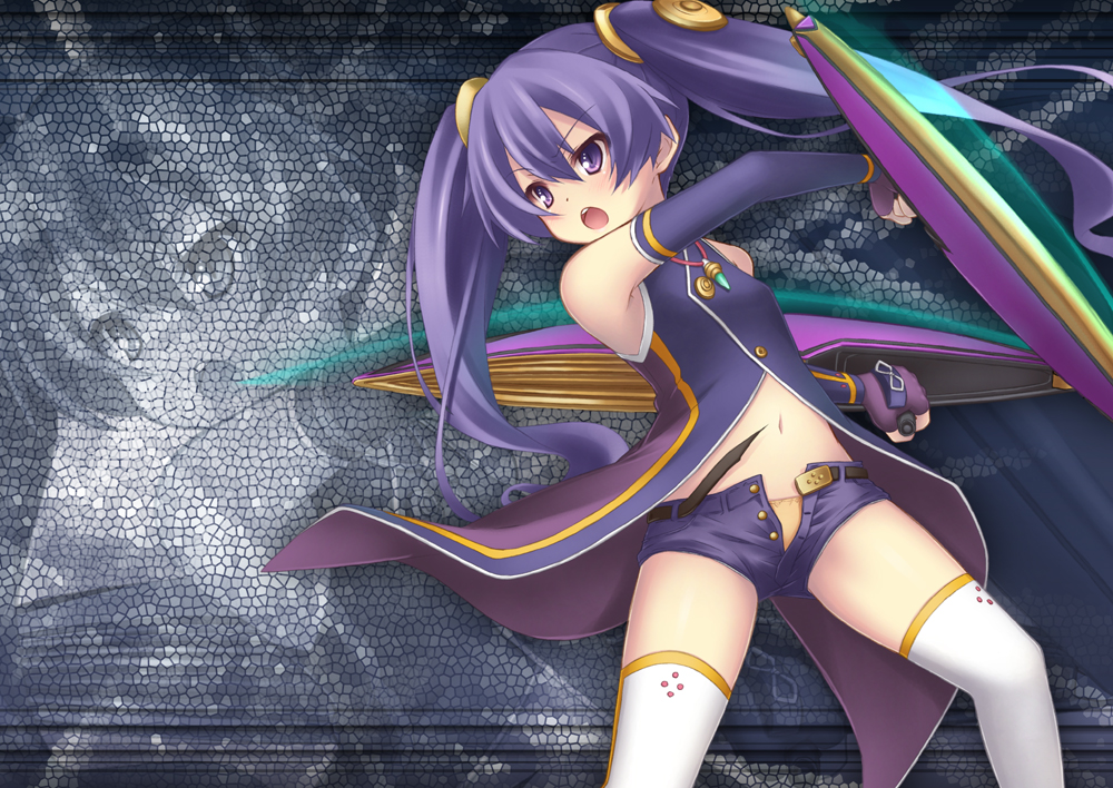 :o ar_tonelico ar_tonelico_iii bangs bare_shoulders belt buttons cocona_vatel elbow_gloves fingerless_gloves gloves hair_ornament holding holding_weapon jewelry long_hair looking_away looking_to_the_side navel necklace open_fly open_mouth panties pantyshot pendant purple_eyes purple_hair ryo short_shorts shorts sleeveless solo thighhighs twintails unbuttoned underwear unfastened v-shaped_eyebrows very_long_hair weapon white_legwear yellow_panties zoom_layer