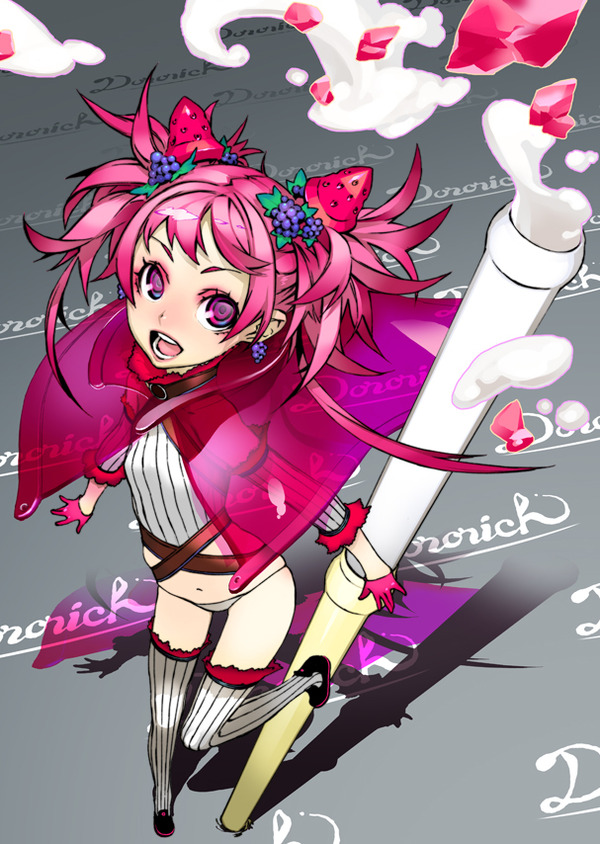 cape copyright_request detached_sleeves earrings gloves hair_ornament jewelry miwa_shirou no_pants panties personification pink_hair solo thighhighs twintails underwear