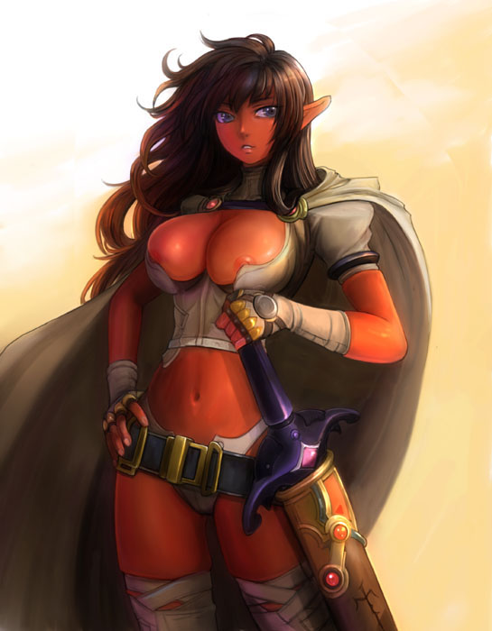 areola_slip areolae arshes_nei bastard!! belt blue_eyes breasts brown_hair cape cleavage covered_nipples dark_elf dark_skin elf fingerless_gloves gloves kouichi_(kou1) large_breasts long_hair midriff nipple_slip nipples open_mouth pointy_ears solo sword thighs weapon