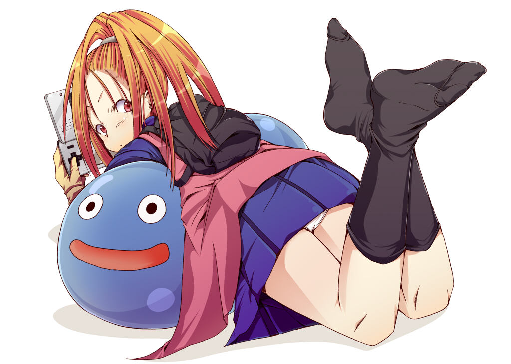backpack bad_id bad_pixiv_id bag barbara dragon_quest dragon_quest_vi feet forehead gloves handheld_game_console high_ponytail long_hair looking_back lying nintendo_ds no_shoes on_stomach orange_hair panties pipa ponytail red_eyes skirt slime slime_(dragon_quest) socks soles solo the_pose underwear