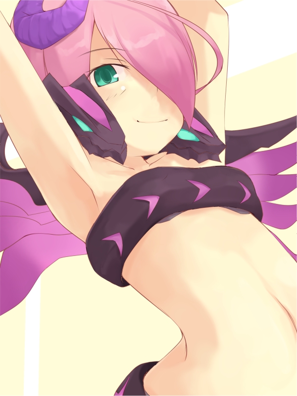 ahoge ar_ru ar_tonelico ar_tonelico_iii armpits arms_up dragon flat_chest green_eyes hair_over_one_eye horns kuro_(be_ok) midriff navel open_mouth pink_hair short_hair smile solo wings