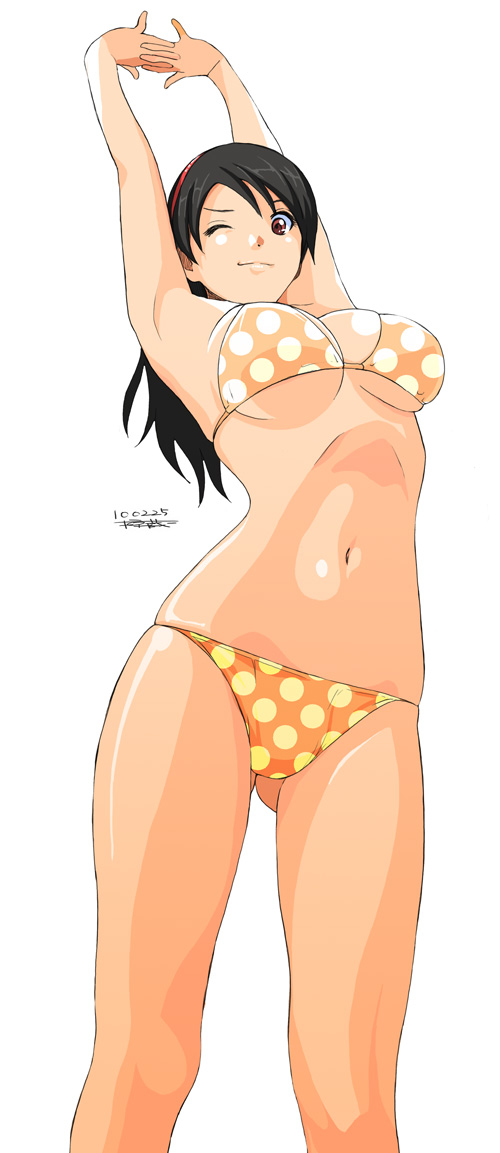 arched_back armpits arms_up bikini black_hair breasts feet_out_of_frame hairband hands_clasped large_breasts navel one_eye_closed original own_hands_together polka_dot polka_dot_bikini polka_dot_swimsuit red_eyes ryouzou signature simple_background skindentation smile solo stretch swimsuit underboob