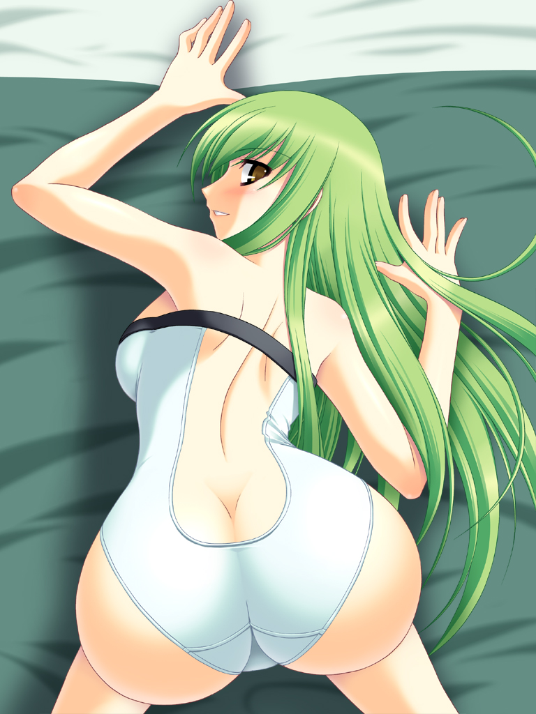 1girl abu all_fours ass back bed bed_sheet blush breasts butt_crack c.c. cc code_geass female from_above green_hair long_hair looking_back sheets smile solo swimsuit top-down_bottom-up yellow_eyes