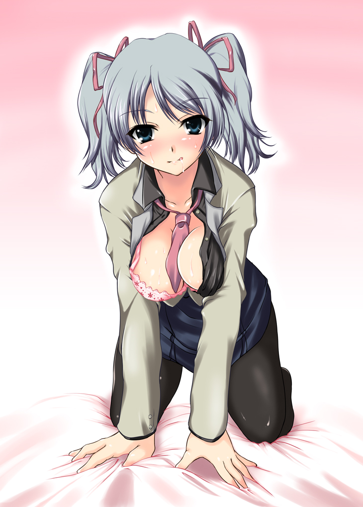 all_fours blue_eyes blush bra breasts candy_boy cleavage hair_ribbon johnny_(from_scratch) kamiyama_sakuya large_breasts lingerie necktie open_clothes open_shirt pantyhose ribbon saliva shirt silver_hair skirt solo sweat tongue twintails underwear