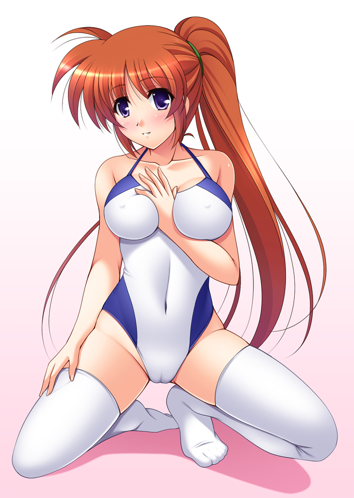 bangs between_breasts blush breasts cameltoe competition_swimsuit covered_navel covered_nipples gradient gradient_background hand_between_breasts highleg highleg_swimsuit impossible_clothes impossible_swimsuit large_breasts long_hair looking_at_viewer lyrical_nanoha mahou_shoujo_lyrical_nanoha_strikers narutaki_shin older one-piece_swimsuit orange_hair parted_bangs pink_background purple_eyes scrunchie shadow side_ponytail smile solo spread_legs squatting swimsuit takamachi_nanoha thighhighs very_long_hair white_legwear white_swimsuit