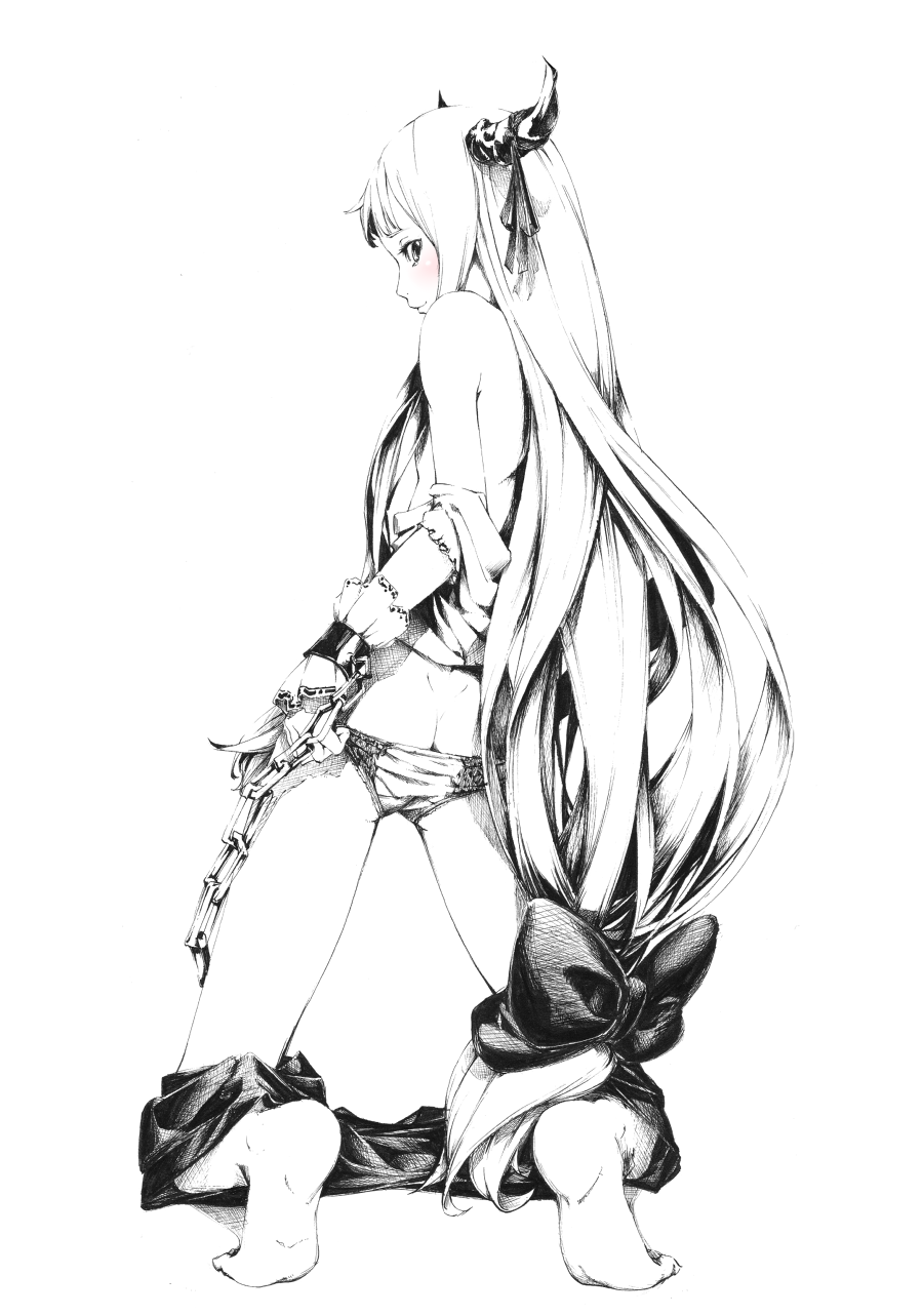 barefoot blush bow chain cuffs full_body greyscale hair_bow highres horns ibuki_suika kneeling large_bow long_hair looking_back monochrome panties realistic ribbon smile solo sousou_(sousouworks) spot_color touhou underwear undressing very_long_hair