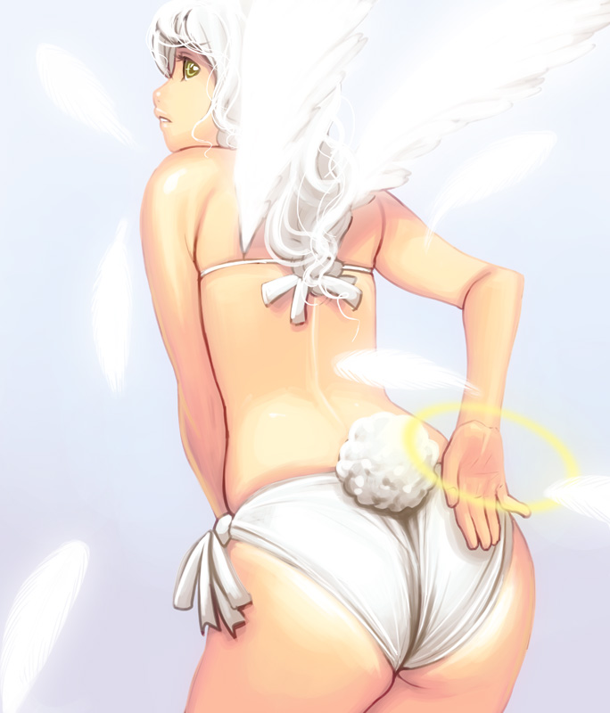 angel ass bad_id bad_pixiv_id bikini bunny_tail copyright_request cowboy_shot halo looking_back masao side-tie_bikini solo swimsuit tail wedgie white_hair wings yellow_eyes