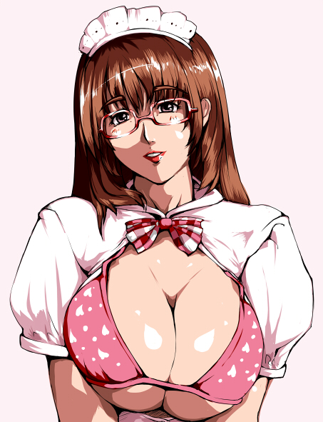 bow bowtie breast_squeeze breasts brown_eyes brown_hair cleavage glasses large_breasts long_hair maid_headdress original saruanu solo