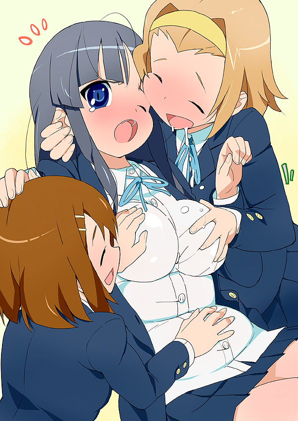 :o akiyama_mio blue_eyes blush breast_grab breasts grabbing hirasawa_yui k-on! kawasaki_kazuhiko large_breasts multiple_girls one_eye_closed plump saliva school_uniform tainaka_ritsu yuri