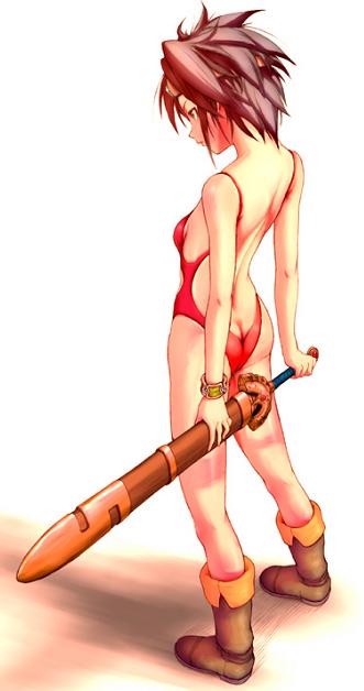 artist_request ass boots butt_crack dragon_quest dragon_quest_iii flat_ass one-piece_swimsuit revealing_swimsuit_(dq) roto solo swimsuit sword weapon