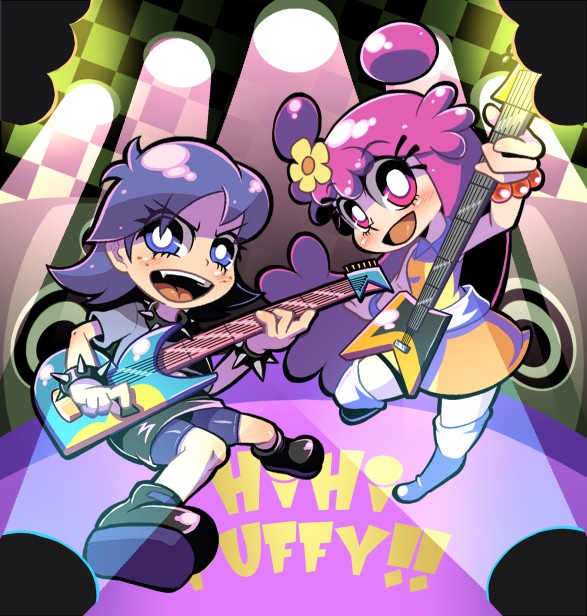 2girls bead_bracelet beads bike_shorts black_footwear blue_eyes blue_hair blush bracelet choker copyright_name electric_guitar eyelashes flower freckles guitar hair_flower hair_ornament hi_hi_puffy_amiyumi holding holding_instrument instrument jewelry long_hair multiple_girls oonuki_ami open_mouth pink_eyes pink_hair short_hair soxy speaker spiked_bracelet spiked_choker spikes stage stage_lights teeth upper_teeth_only white_footwear yoshimura_yumi