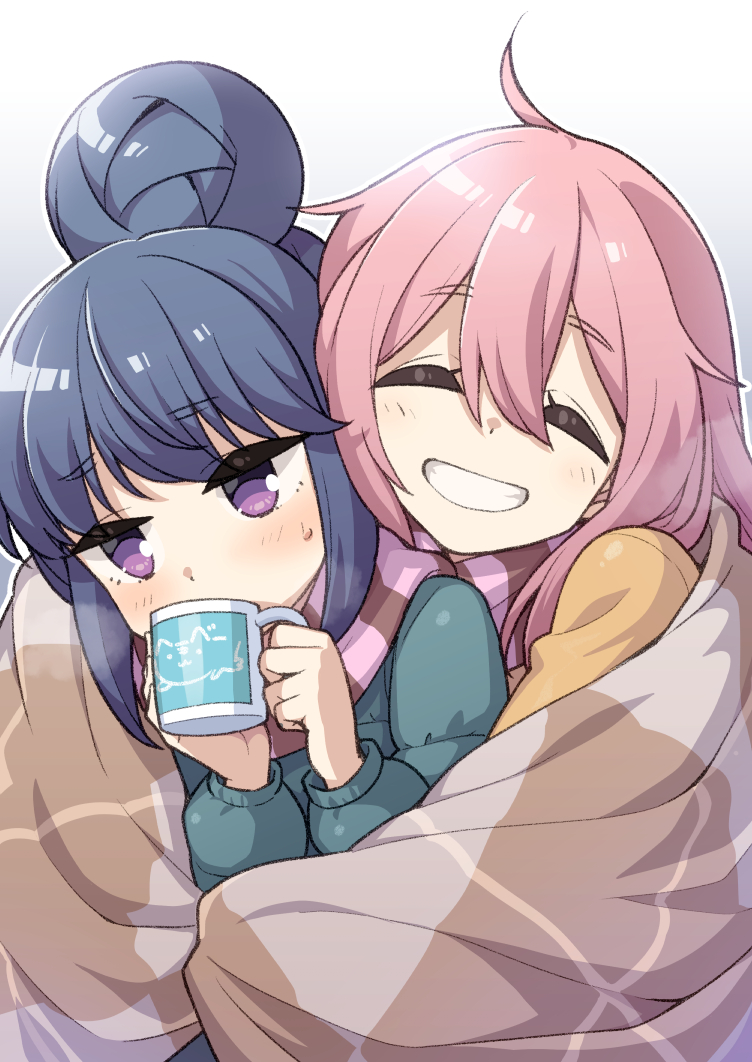 2girls ahoge bangs blue_hair blush closed_eyes cup facing_viewer green_jacket grin hair_between_eyes hair_bun heebee holding holding_cup jacket kagamihara_nadeshiko long_hair long_sleeves multiple_girls pink_hair purple_eyes scarf shared_clothes shared_scarf shima_rin simple_background smile white_background yurucamp