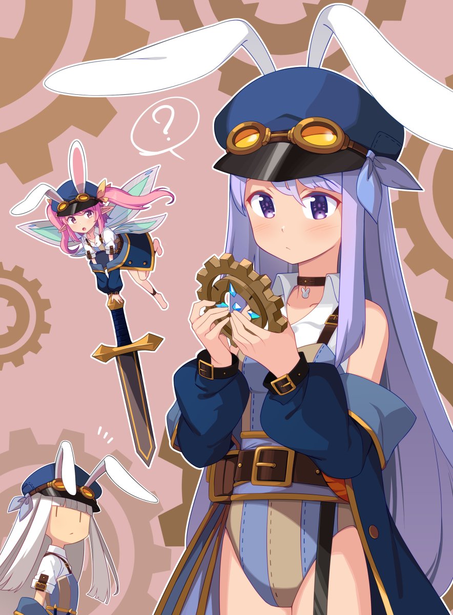 3girls ? animal_ears bangs bare_shoulders belt blunt_bangs character_request choker commentary creator_connection english_commentary erina_(rabi-ribi) fairy fairy_wings flying gears goggles hat highres leotard long_hair minigirl multiple_girls official_art outline pink_hair puffy_sleeves purple_eyes purple_hair rabbit_ears rabi-ribi ribbon_(rabi-ribi) saiste second-party_source spoken_question_mark sword tevi twintails very_long_hair weapon white_hair white_outline wings |_|