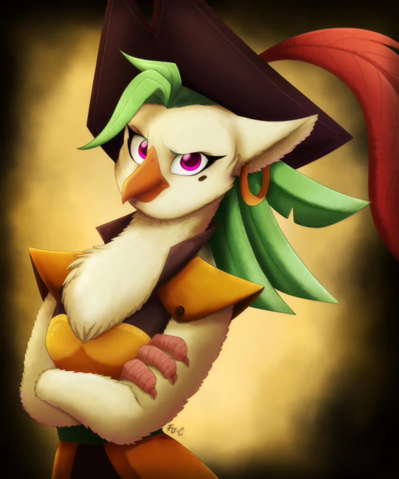 2017 anthro avian beak bird captain_celaeno_(mlp) chest_tuft clothed clothing crossed_arms digital_media_(artwork) digital_painting_(artwork) ear_piercing ear_ring feather_hair feathers female fj-c friendship_is_magic fur green_hair hair half-length_portrait hasbro hat headgear headwear markings mole_(marking) my_little_pony my_little_pony:_the_movie_(2017) piercing pink_eyes pirate pirate_hat portrait pseudo_hair ring_piercing solo tan_body tan_fur tuft