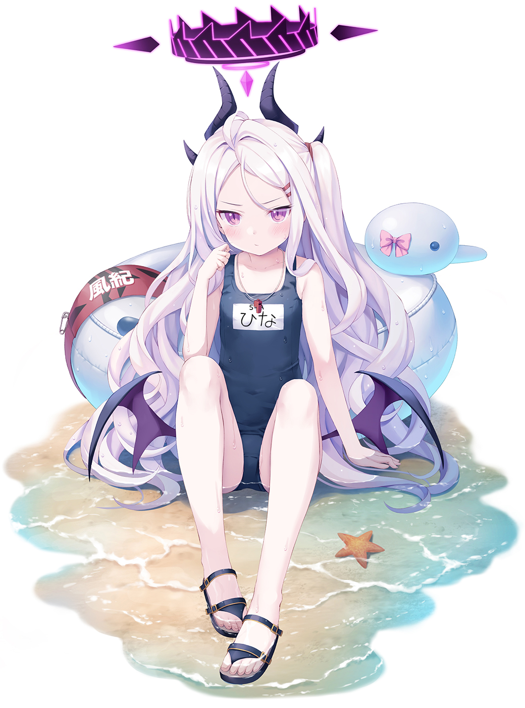 blue_archive blush demon_wings feet halo highres hina_(blue_archive) horns long_hair looking_at_viewer namaru_(summer_dandy) purple_eyes sandals school_swimsuit sitting starfish swimsuit toes very_long_hair water water_drop whistle whistle_around_neck white_hair wings