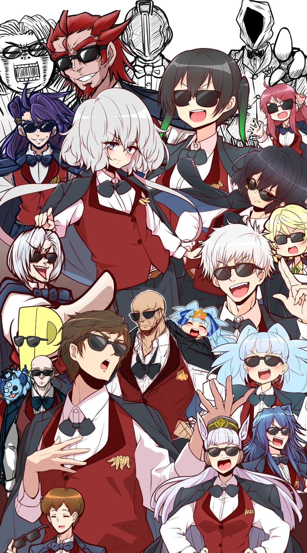 6+boys 6+girls arknights bald blonde_hair blue_hair bow bowtie brown_hair character_request clenched_teeth commentary_request copyright_request cosplay doctor_(arknights) gojou_satoru highres hoshikawa_lily jacket jacket_on_shoulders jujutsu_kaisen konno_junko long_hair looking_at_viewer minamoto_sakura mizuno_ai multicolored_hair multiple_boys multiple_girls open_mouth producer_(idolmaster) purple_hair short_hair smile sunglasses tatsumi_koutarou tatsumi_koutarou_(cosplay) teeth umamusume yonedatomo_mizu zombie_land_saga