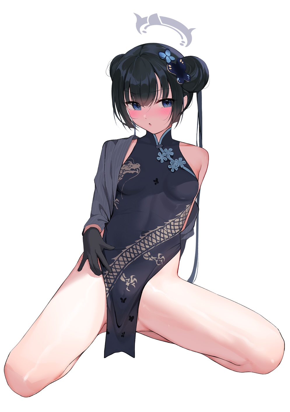 1girl :o bare_legs black_dress black_gloves black_hair blue_archive blush breasts butterfly_hair_ornament china_dress chinese_clothes commentary covered_navel double_bun dragon_print dress gin00 gloves grey_jacket hair_bun hair_ornament halo highres jacket kisaki_(blue_archive) kneeling looking_at_viewer pelvic_curtain side_slit simple_background skin_tight sleeveless sleeveless_dress small_breasts solo spread_legs striped striped_jacket twintails vertical-striped_jacket vertical_stripes white_background