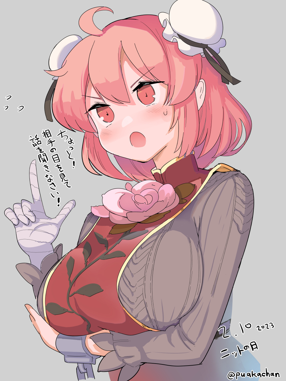1girl ahoge bandaged_arm bandages bangs blush breasts brown_sweater bun_cover chain cuffs dated flower grey_background hair_between_eyes highres ibaraki_kasen index_finger_raised large_breasts long_sleeves open_mouth pink_eyes pink_flower pink_hair pink_rose puuakachan rose short_hair simple_background solo sweater tabard touhou twitter_username upper_body