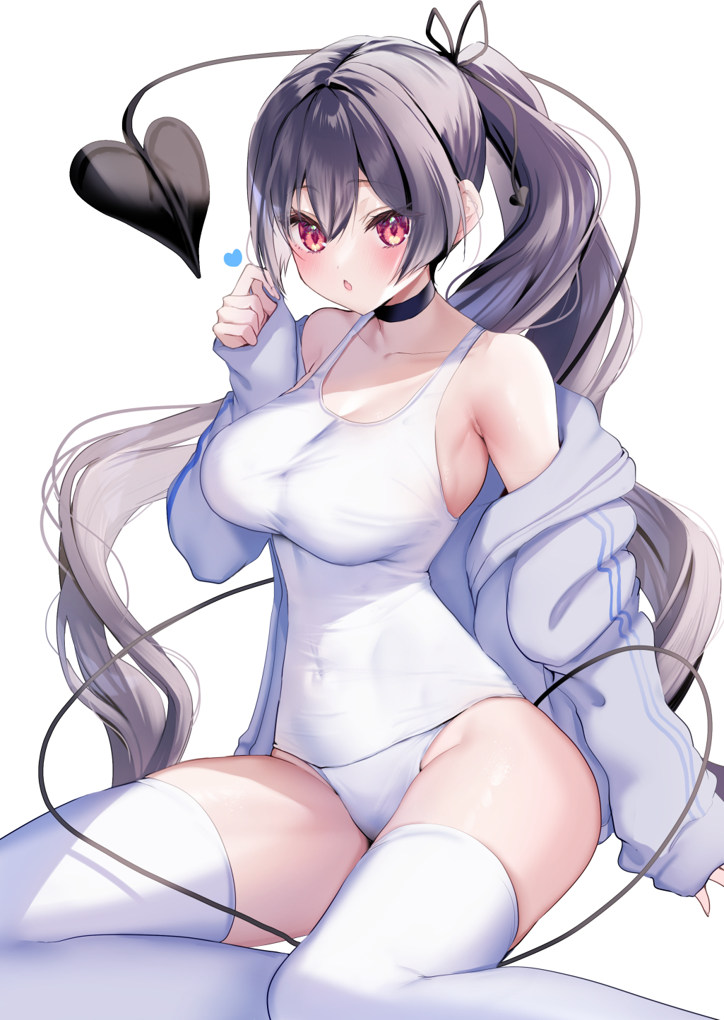 1girl ayuma_sayu bangs bare_shoulders black_choker black_hair blush breasts choker cleavage commentary_request demon_tail hand_up highres jacket large_breasts long_hair long_sleeves looking_at_viewer off_shoulder open_mouth original panties ponytail red_eyes shirt simple_background solo tail thighhighs thighs underwear white_background white_jacket white_panties white_shirt white_thighhighs