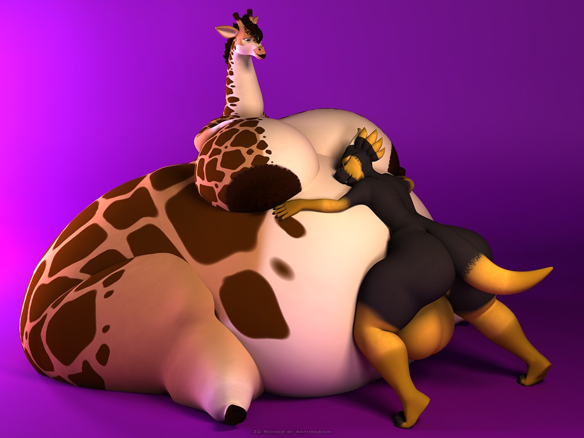 anthro anthroanim backsack balls belly belly_hug big_belly big_breasts big_butt breasts butt dragon duo female genitals giraffe giraffid male male/female mammal milenth_drake overweight overweight_female