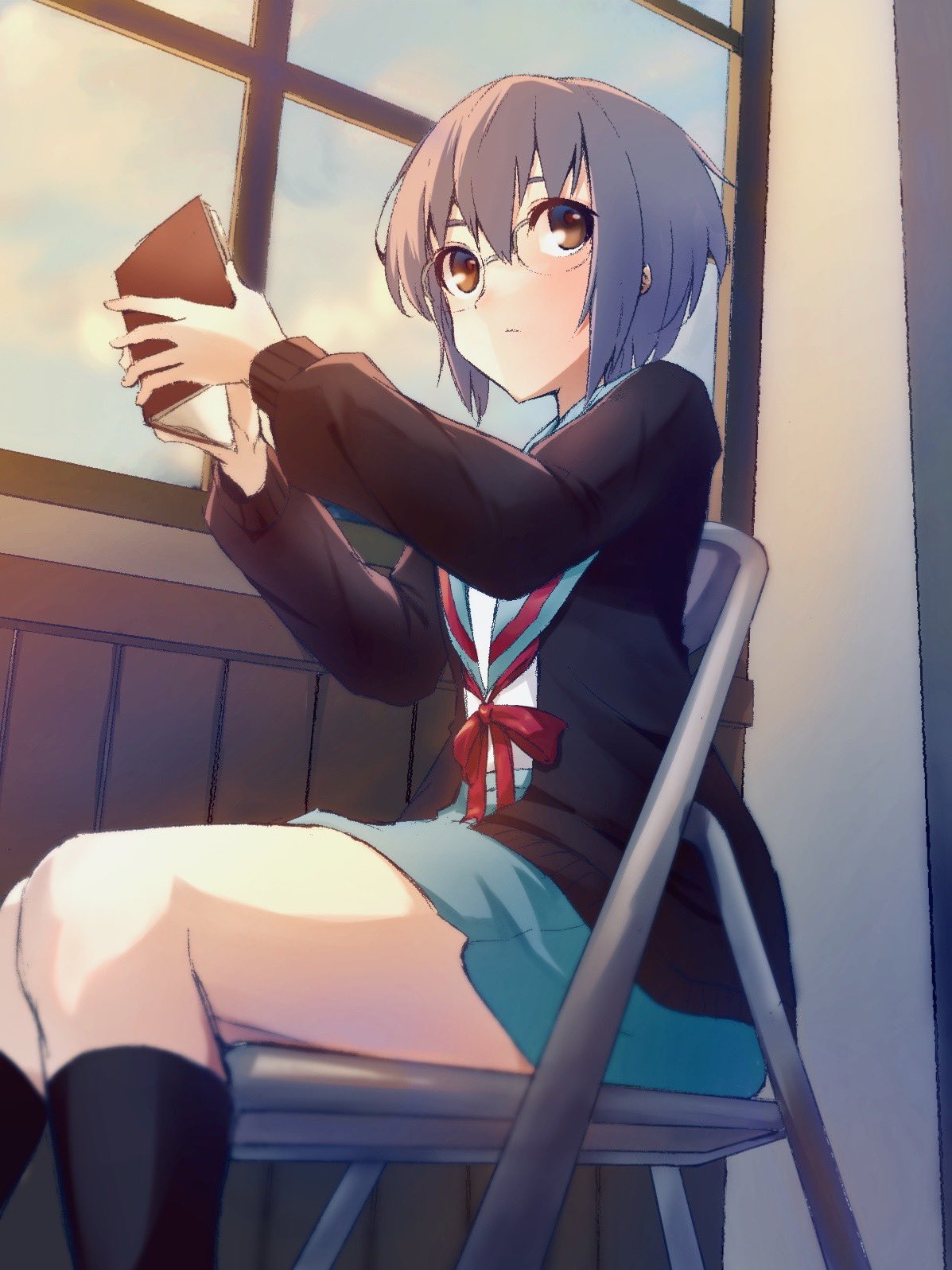 1girl bangs blue_sailor_collar blue_skirt book brown_cardigan brown_eyes cardigan chair closed_mouth folding_chair highres holding holding_book indoors karate_(karatedazey) kita_high_school_uniform long_sleeves looking_to_the_side nagato_yuki nagato_yuki-chan_no_shoushitsu open_cardigan open_clothes purple_hair red_ribbon ribbon sailor_collar school_uniform serafuku short_hair sitting skirt solo suzumiya_haruhi_no_shoushitsu suzumiya_haruhi_no_yuuutsu window winter_uniform