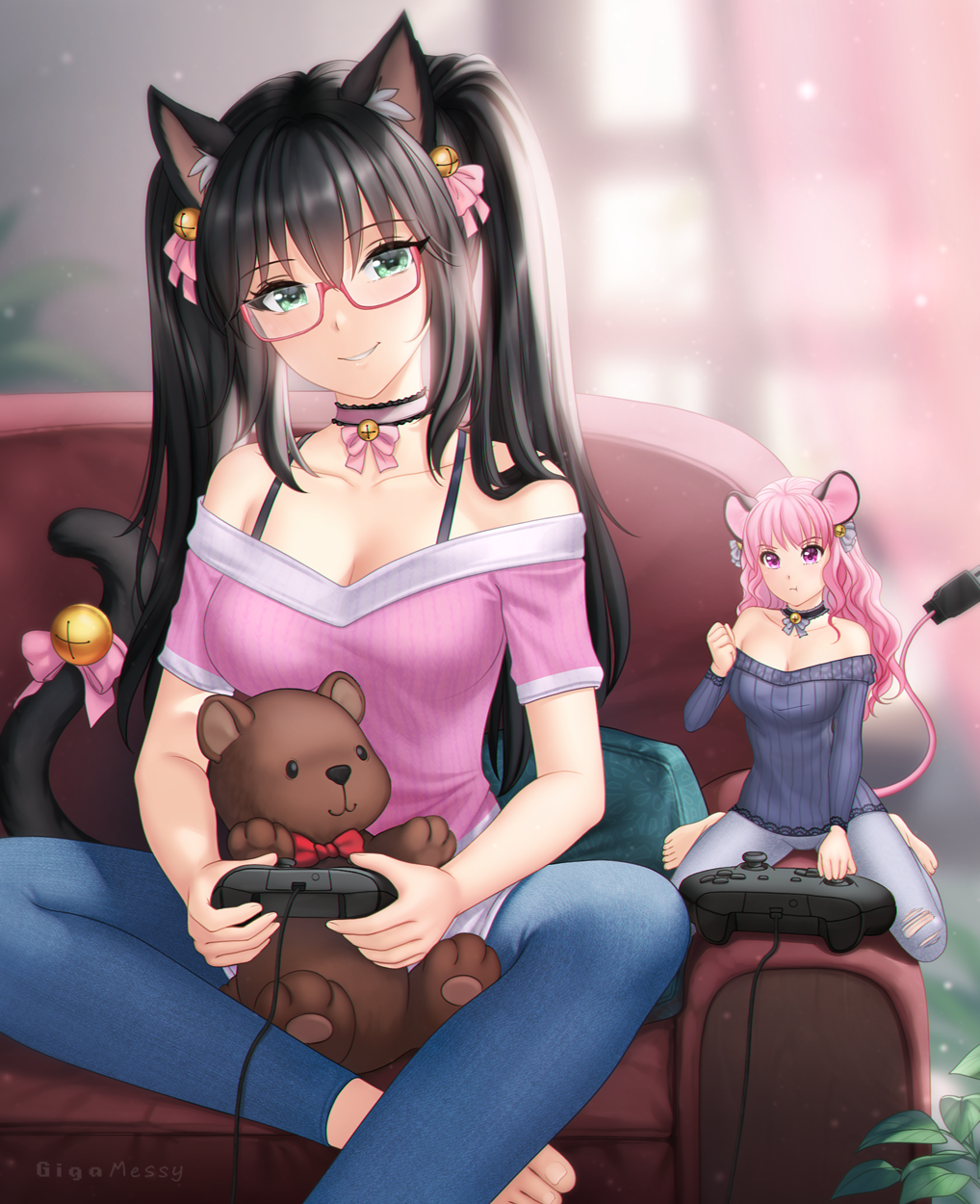 2girls :t animal_ears bare_shoulders barefoot black_choker black_hair blue_sweater blurry blurry_background bra_strap breasts cat_ears cat_tail choker cleavage commentary commission controller couch denim feet_out_of_frame game_controller gigamessy glasses green_eyes grey_pants grin head_tilt highres holding holding_controller holding_game_controller indoors jeans large_breasts leggings long_hair looking_at_viewer minigirl mouse_ears mouse_tail multiple_girls off-shoulder_shirt off-shoulder_sweater off_shoulder original pants pink-framed_eyewear pink_choker pink_hair pink_shirt ribbed_sweater shirt short_sleeves sitting smile stuffed_animal stuffed_toy sweater tail teddy_bear twintails very_long_hair wariza