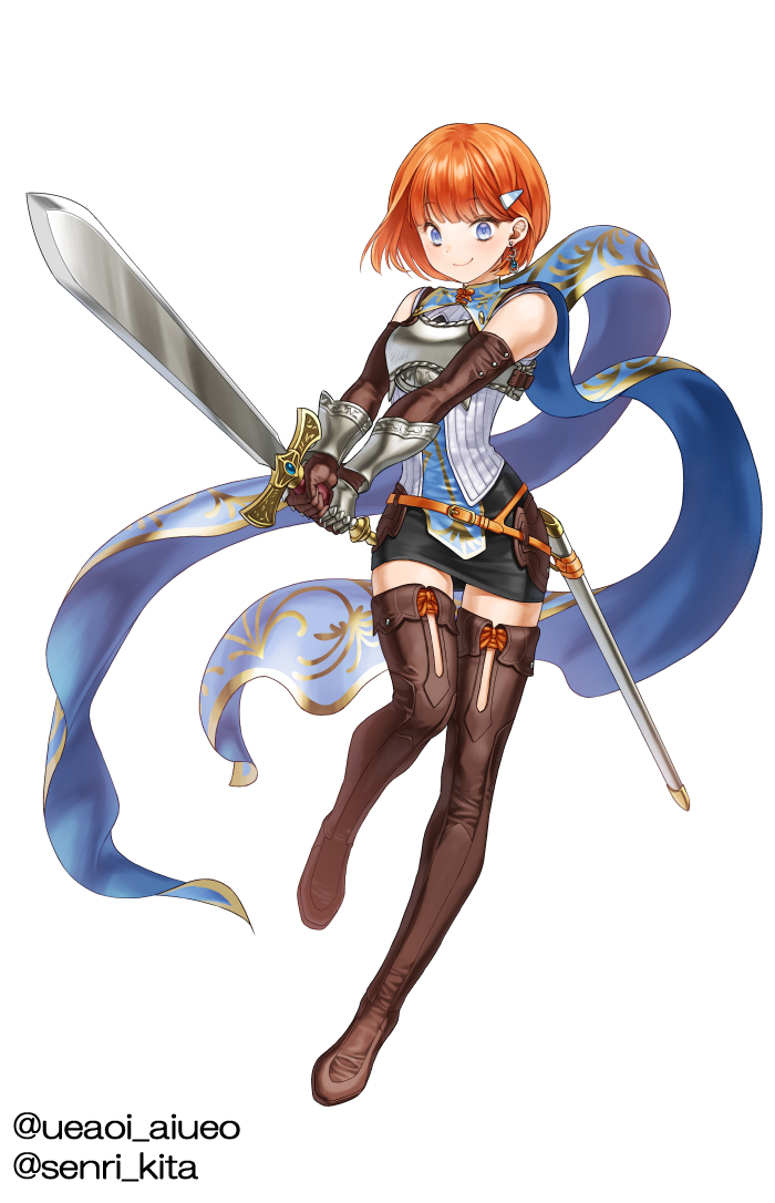 1girl armor bangs black_skirt blue_eyes boots brown_footwear brown_gloves chest_guard closed_mouth earrings elbow_gloves fire_emblem full_body gloves holding holding_sword holding_weapon indie_virtual_youtuber jewelry kita_senri orange_hair pencil_skirt scabbard sheath short_hair simple_background skirt smile solo sword thigh_boots twitter_username ue_aoi_(vtuber) unsheathed virtual_youtuber weapon white_background