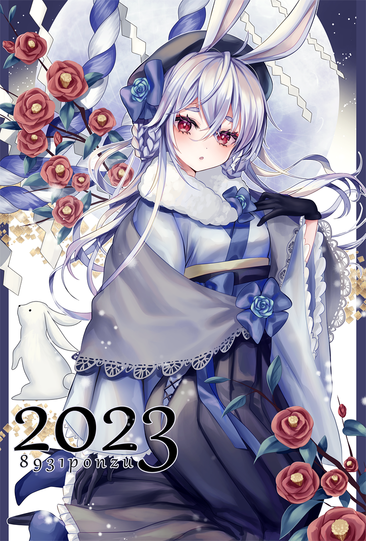 1girl 2023 animal animal_ears bangs beret blush bow braid chinese_zodiac cross-laced_slit flower frilled_kimono frills full_moon fur_collar gloves hair_rings hakusai_ponzu hand_on_own_chest hat hat_bow japanese_clothes kimono lace-trimmed_shawl long_hair long_sleeves moon new_year night night_sky original parted_lips rabbit rabbit_ears rabbit_girl red_eyes rope shawl shimenawa sky solo star_(sky) thick_eyebrows very_long_hair white_hair wide_sleeves year_of_the_rabbit
