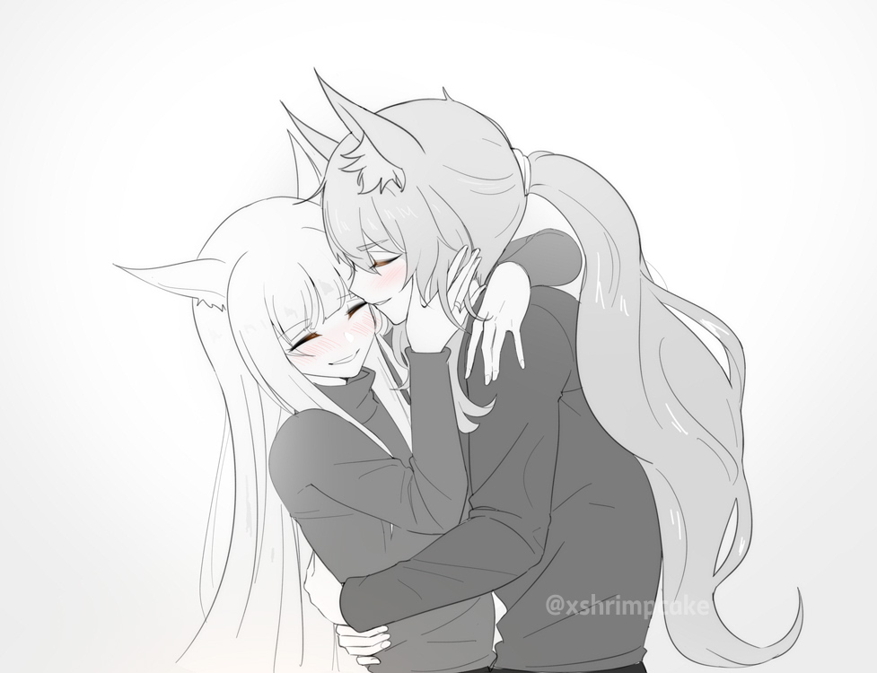 2girls animal_ear_fluff animal_ears arknights blush character_request closed_eyes gradient_background grey_background greyscale horse_ears long_hair long_sleeves monochrome multiple_girls parted_lips ponytail shirt smile supershrimpcakes twitter_username upper_body very_long_hair watermark white_background yuri