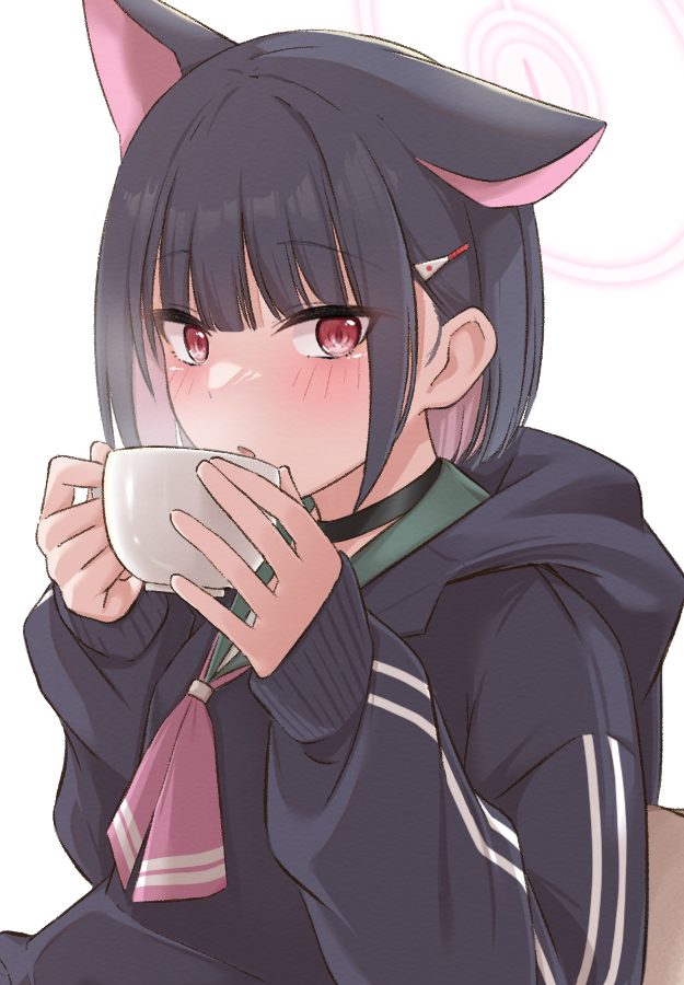 1girl animal_ears bangs black_choker black_hair black_hoodie blue_archive blush choker commentary cup ear_down hair_ornament hairclip halo hands_up holding holding_cup hood hood_down hoodie kazusa_(blue_archive) long_sleeves looking_at_viewer multicolored_hair parted_lips pink_hair puffy_long_sleeves puffy_sleeves red_eyes simple_background sleeves_past_wrists solo two-tone_hair unaligned_ears uniazi_mikan upper_body white_background