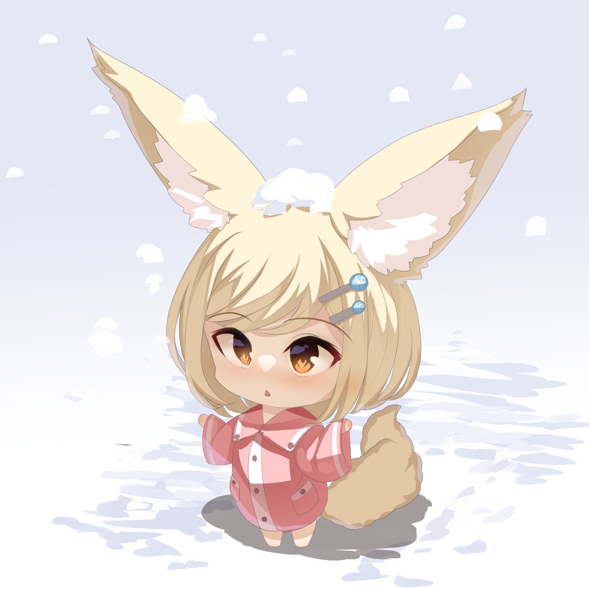 1girl :&lt; animal_ear_fluff animal_ears bangs barefoot blonde_hair brown_eyes chibi collared_jacket commentary_request fox_ears fox_girl fox_tail full_body hair_ornament hairclip highres jacket long_sleeves original parted_lips pink_jacket snow snow_on_head snowflake_hair_ornament snowing solo standing swept_bangs tail triangle_mouth wide_sleeves yuuji_(yukimimi)