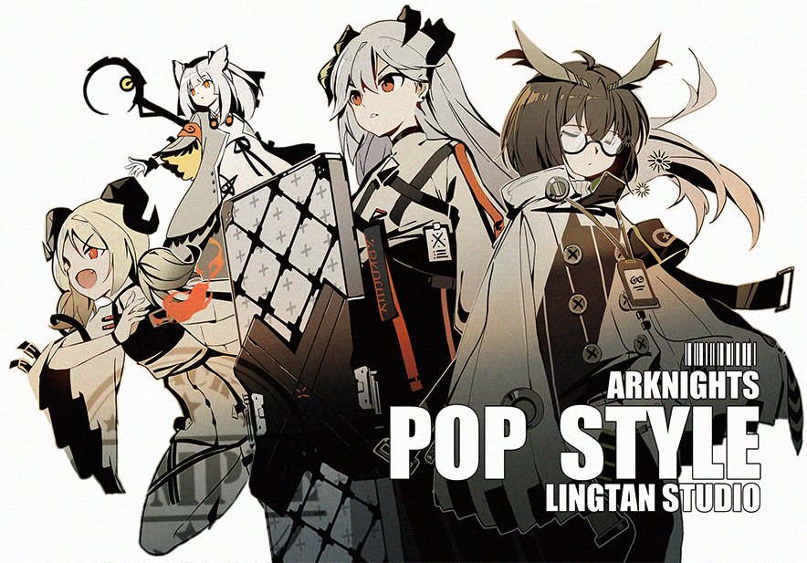 4girls :d arknights armband bare_shoulders black_hair black_skirt black_thighhighs brown_eyes closed_eyes closed_mouth dragon_horns dress earrings fire grey_jacket high_collar holding holding_shield horns id_card ifrit_(arknights) jacket jacknavy jewelry leg_up long_hair long_sleeves low_twintails multiple_girls open_clothes open_jacket orange_eyes outstretched_arm owl_ears parted_lips ptilopsis_(arknights) pyrokinesis saria_(arknights) shield short_hair short_twintails silence_(arknights) simple_background single_thighhigh skirt sleeping smile staff standing standing_on_one_leg thighhighs twintails v-shaped_eyebrows very_long_hair white_background white_dress white_hair wide_sleeves